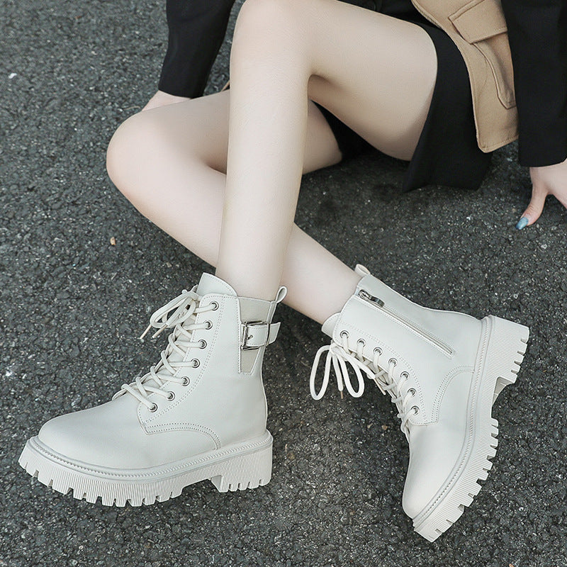 Bottines noires à lacets et boucle de ceinture de style britannique pour l'automne et l'hiver