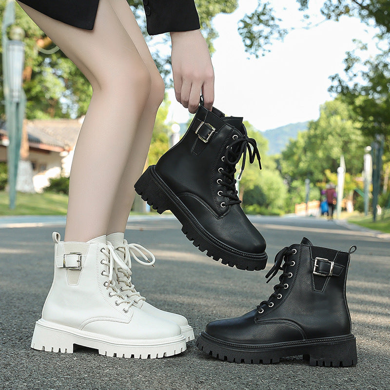 Bottines noires à lacets et boucle de ceinture de style britannique pour l'automne et l'hiver