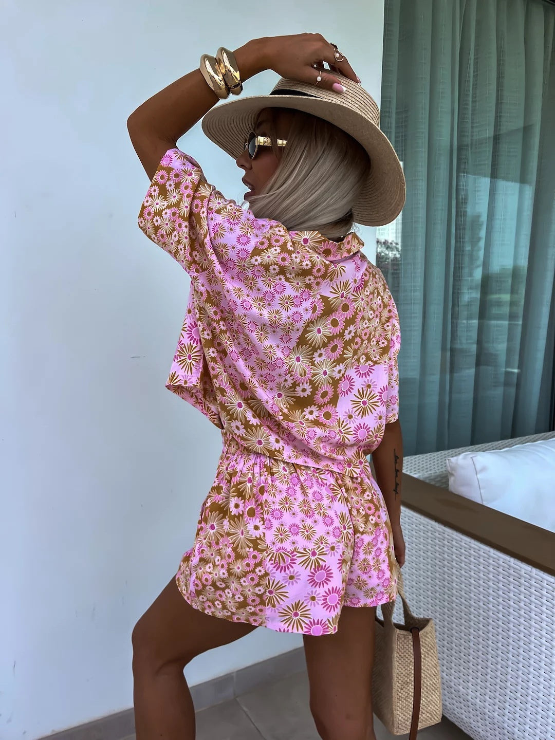 Costume deux pièces pour femme, col, short à manches courtes, imprimé tendance, décontracté
