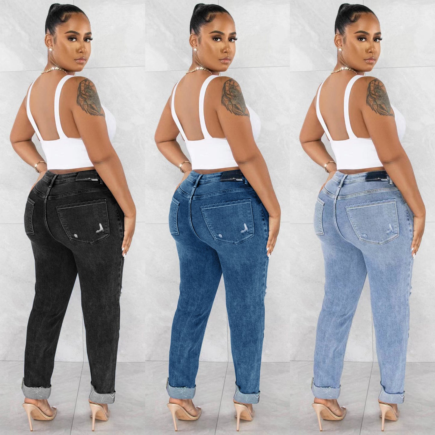 Jean extensible déchiré à boucle diagonale pour femme. Un jean ou vous allez vous sentir confortable.