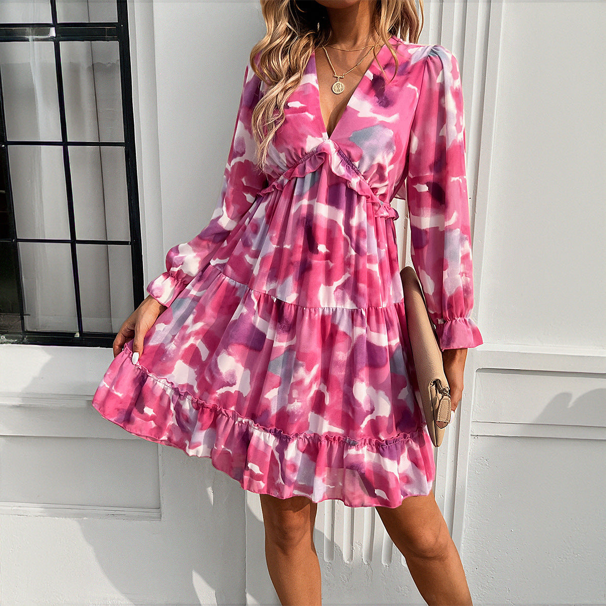 Robe imprimée à manches longues et col en V, style vacances printemps-été
