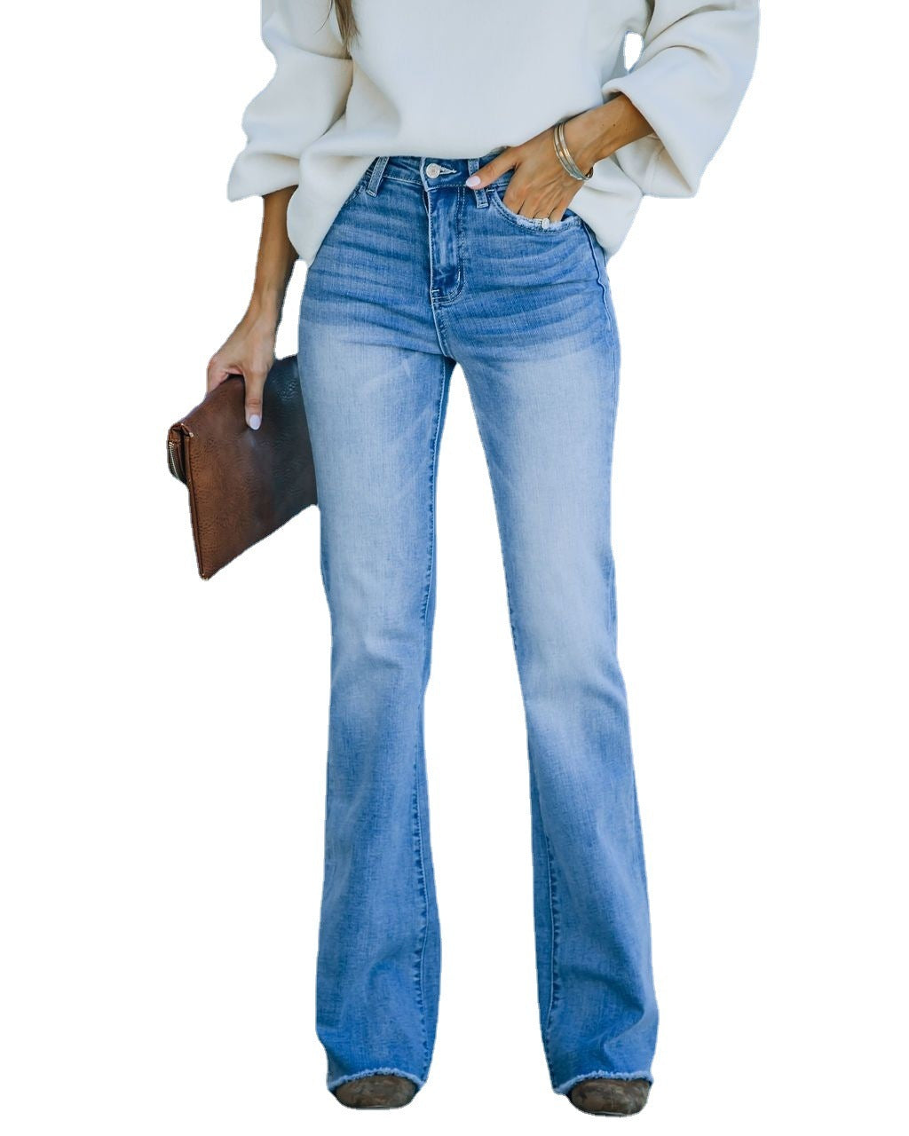 Pantalon slim simple en denim délavé avec poches pour femme