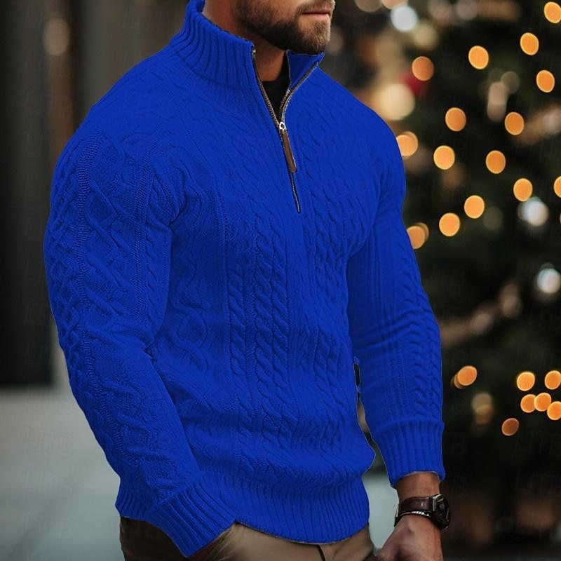 Manteau en tricot à demi-fermeture éclair pour homme, couleur unie, pull épais torsadé