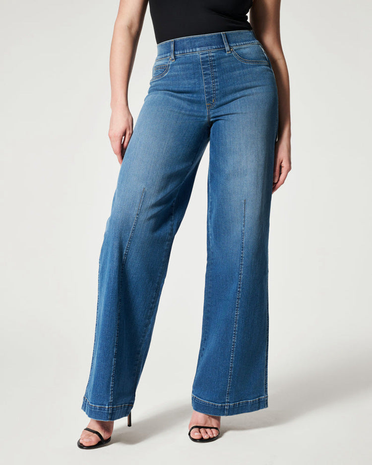 Jean droit pour femme, taille moyenne, pantalon large, taille haute élastique