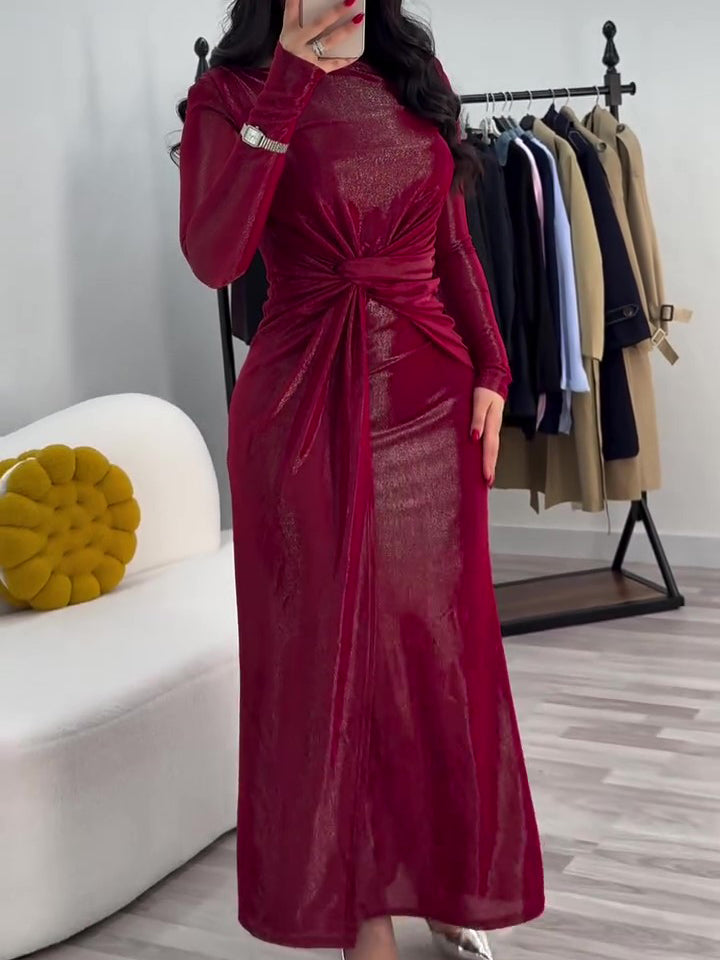 Metallic Maxi Dress With Twist Front Detail And Long Sleeves