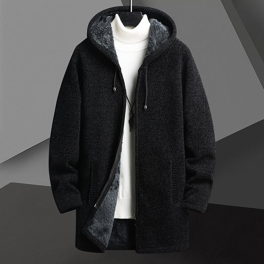 Cardigan mi-long à capuche et fermeture éclair pour homme, doublé polaire, automne-hiver