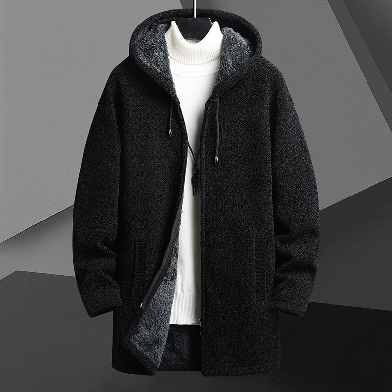 Cardigan mi-long à capuche et fermeture éclair pour homme, doublé polaire, automne-hiver