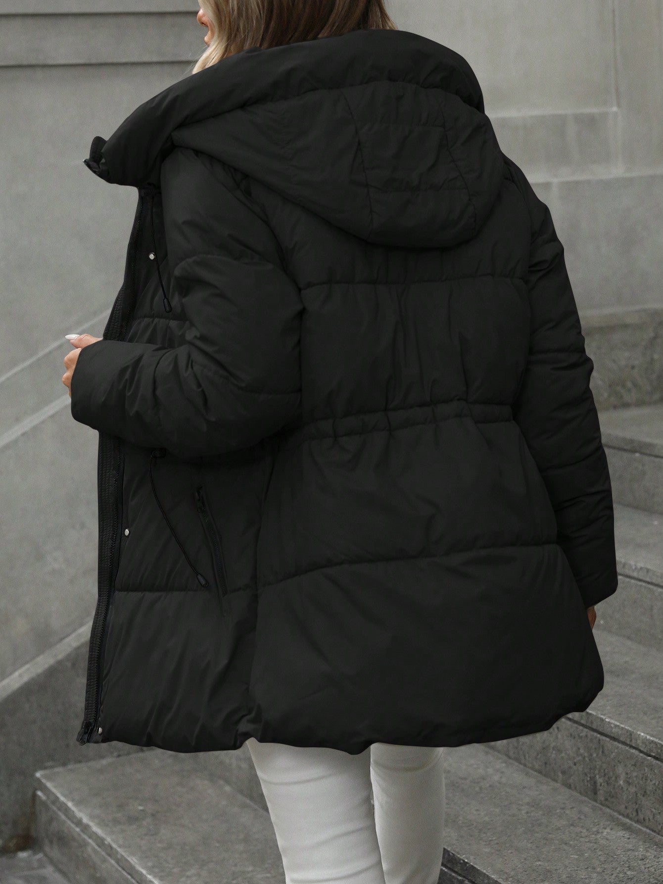 Manteau mi-long matelassé à capuche, taille ajustable, décontracté, rembourré, vêtements d'hiver pour femmes