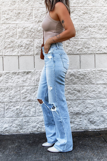 Pantalon en denim taille haute déchiré pour femme, coupe slim rétro, coupe bootcut