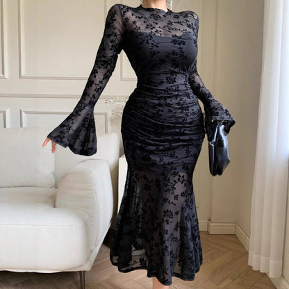 Flocked Mesh Trumpet-sleeve Mermaid Skirt