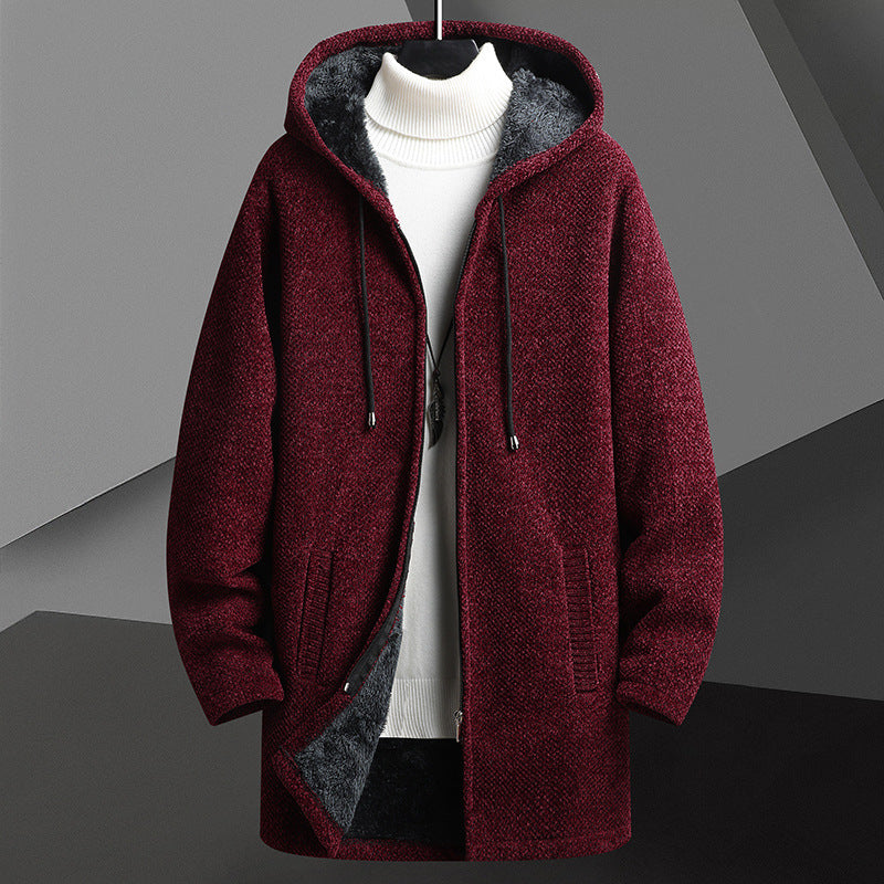 Cardigan mi-long à capuche et fermeture éclair pour homme, doublé polaire, automne-hiver