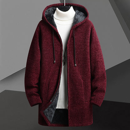 Cardigan mi-long à capuche et fermeture éclair pour homme, doublé polaire, automne-hiver