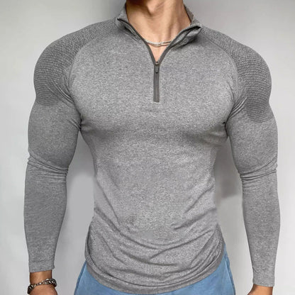Haut sans coutures à manches longues et fermeture éclair pour entraînement, fitness, extérieur, coupe ajustée