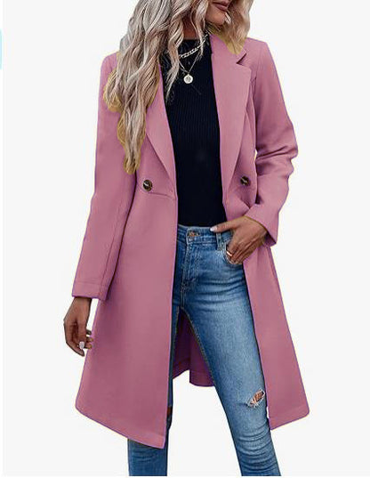Manteau long en laine à double boutonnage et lacets pour femme