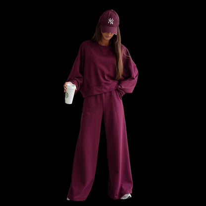 Autumn And Winter Round Neck Long Sleeve Wide Leg Pants Two-piece Set