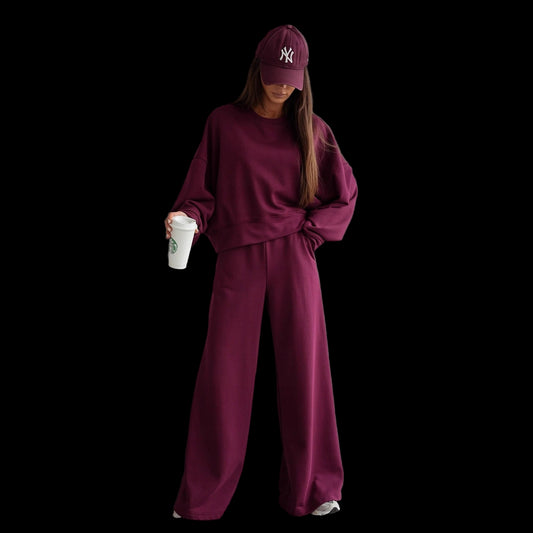 Autumn And Winter Round Neck Long Sleeve Wide Leg Pants Two-piece Set