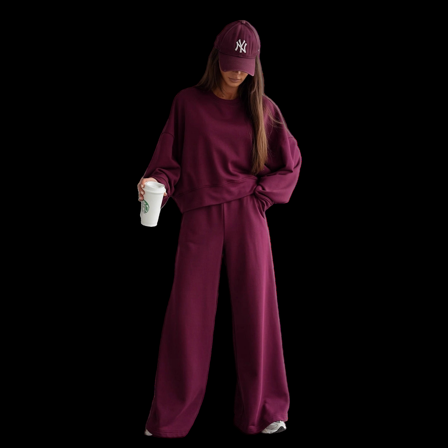 Autumn And Winter Round Neck Long Sleeve Wide Leg Pants Two-piece Set