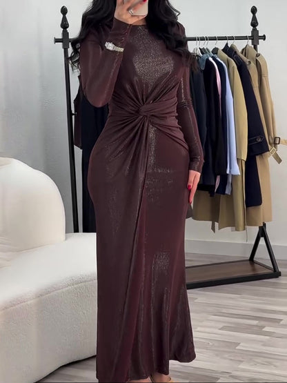 Metallic Maxi Dress With Twist Front Detail And Long Sleeves