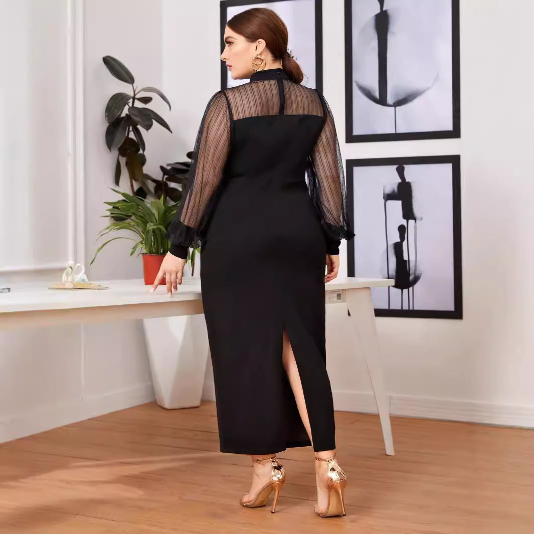 Commuting Mesh Spliced Semi-high Neck See-through Bodycon Long Dress