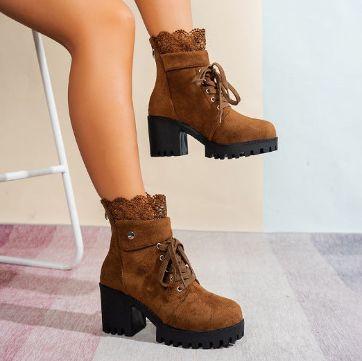 High Heel Chunky Heel Lace-up British Style Martin Boots