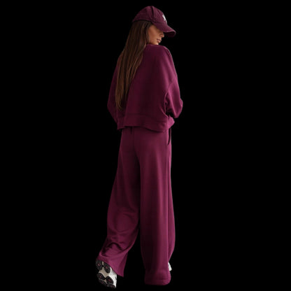 Autumn And Winter Round Neck Long Sleeve Wide Leg Pants Two-piece Set