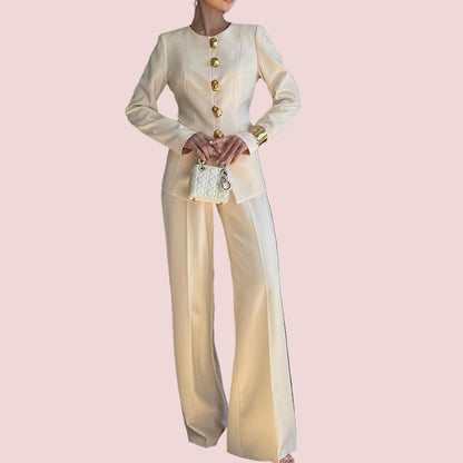 Women's White Top Straight Loose Trousers Suit