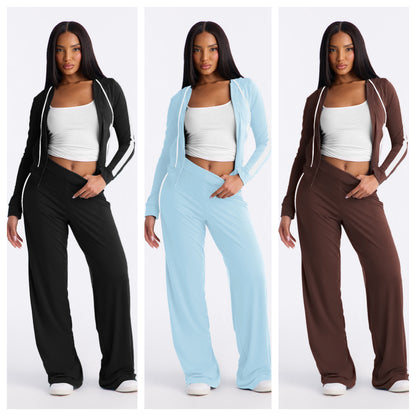 Stylish Color-Block Patchwork Two-Piece Set With A Hooded Top