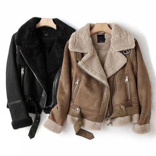Veste d'hiver à revers en daim et laine d'agneau, manteau chaud pour moto, vêtements d'extérieur pour femmes