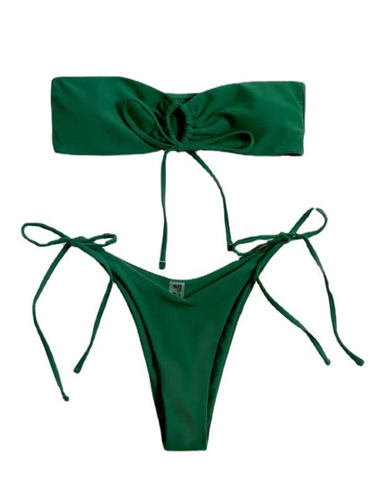 Women's Split Low Waist No Strap Solid Color Tube Top Swimsuit