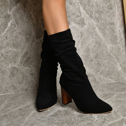 Bottes à talons hauts et bout pointu pour femme, chaussures d'hiver chaudes en daim mi-mollet, tendance et solides, idéales pour toute vos sorties