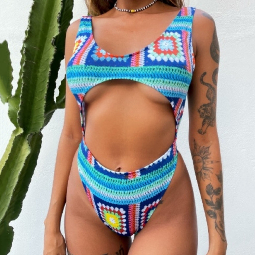 New European And American Sexy Swimwear Solid Color Stitching One-piece Swimsuit