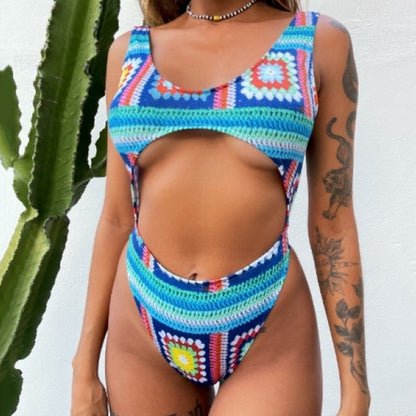 New European And American Sexy Swimwear Solid Color Stitching One-piece Swimsuit
