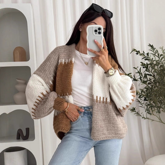 New Colorful Plaid Patchwork Contrast-color Knit Sweater Jacket With Gold Thread