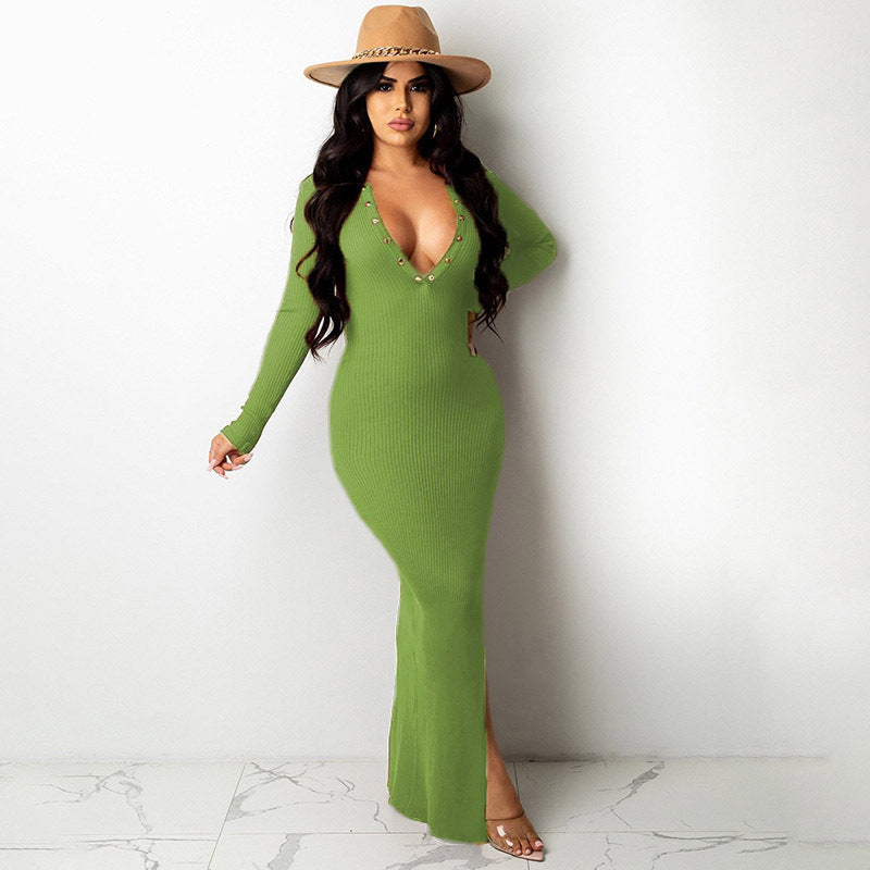 Lapel Backless Long Sleeves Slit Midi Skirt