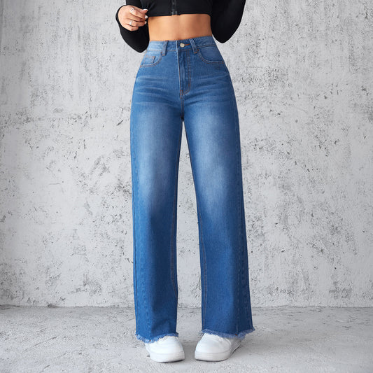 Jean droit à jambes larges, décontracté, taille haute, non élastique, vêtements pour femmes