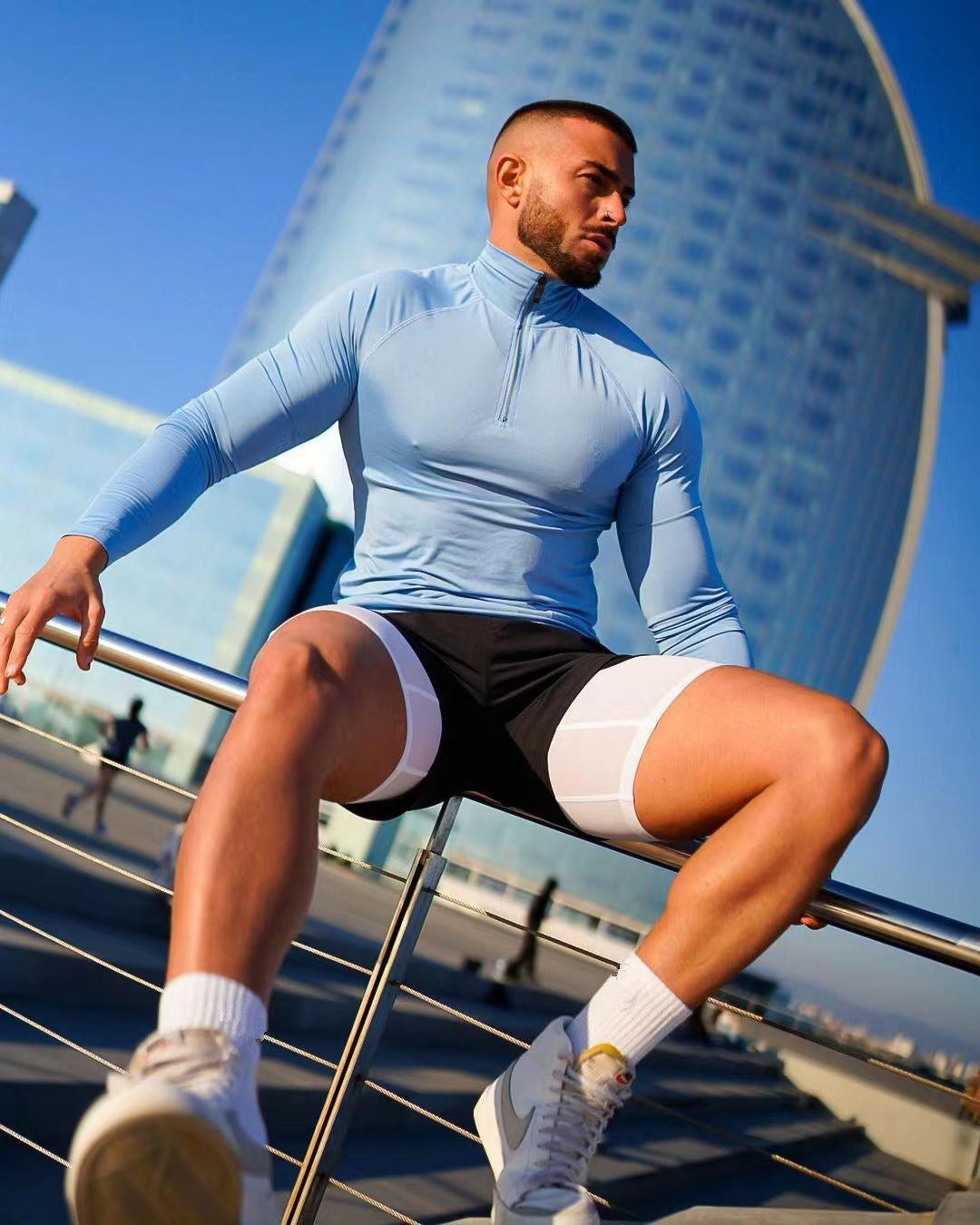T-shirt de fitness, haut à demi-fermeture éclair à séchage rapide, vêtement moulant, manches longues