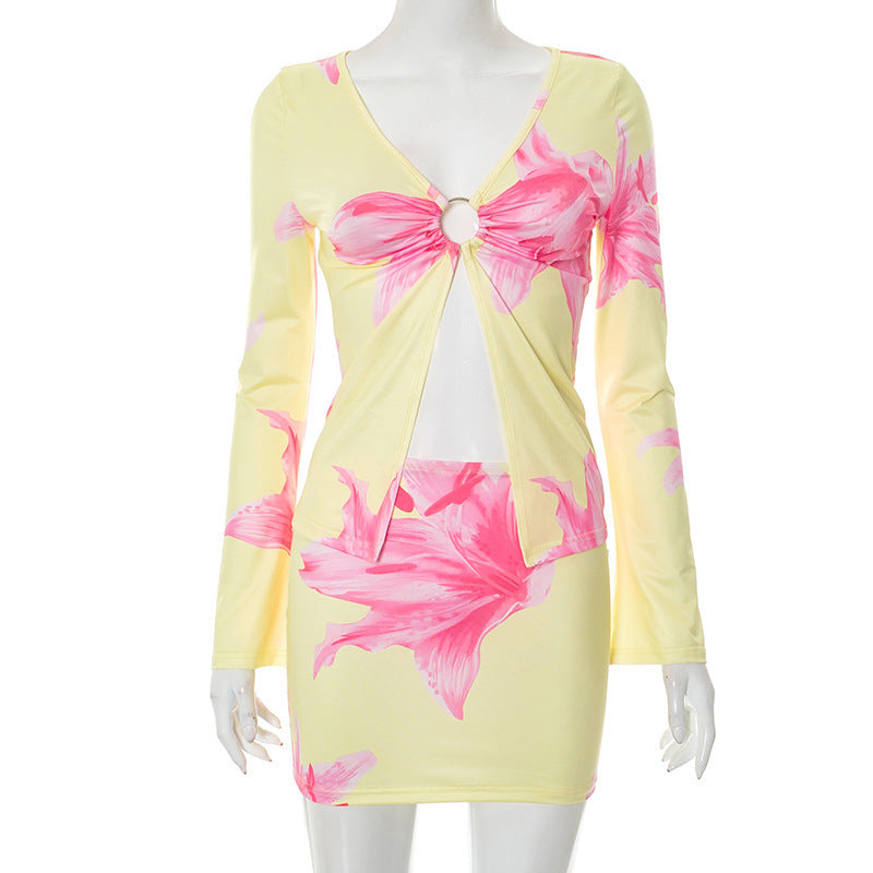 Women's Floral Print Long-Sleeve Jumpsuit With Hoop And Slit