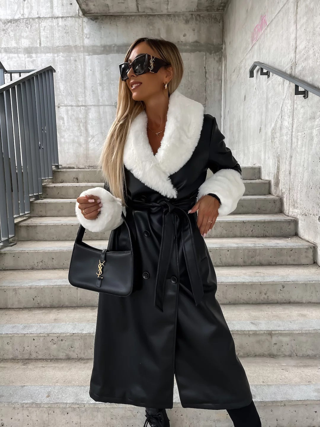 Manteau en cuir ample à lacets, col en fourrure et poches, style décontracté mode pour femme