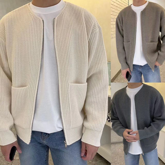 Cardigan tricoté zippé pour homme, doublé, col cheminée, pull, poches, manteau, toutes saisons, confortable, doux, manches longues
