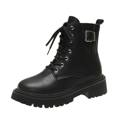 Bottines noires à lacets et boucle de ceinture de style britannique pour l'automne et l'hiver