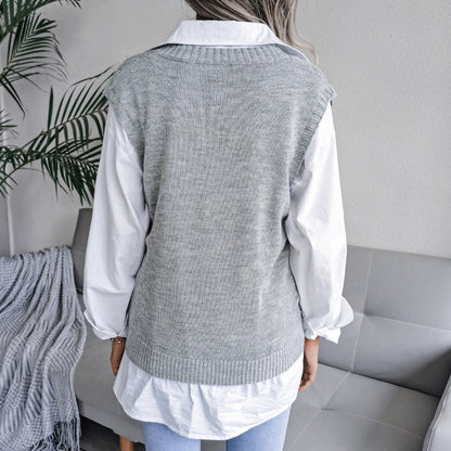 European And American Hollowed Out Twist V-neck Knitted Vest Sweater