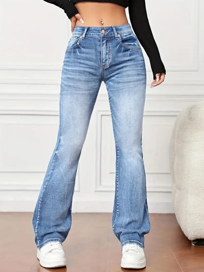 Pantalon bootcut ample et amincissant en denim taille haute moyenne. Patte Semi étroite