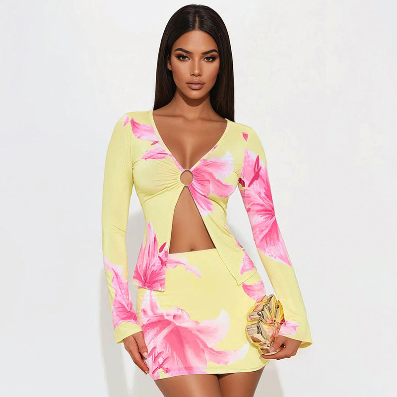 Women's Floral Print Long-Sleeve Jumpsuit With Hoop And Slit