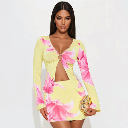 Women's Floral Print Long-Sleeve Jumpsuit With Hoop And Slit