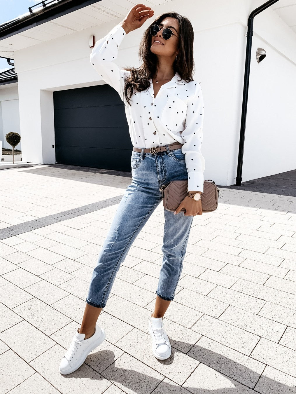 Chemise slim à manches longues et boutons à pois avec poche