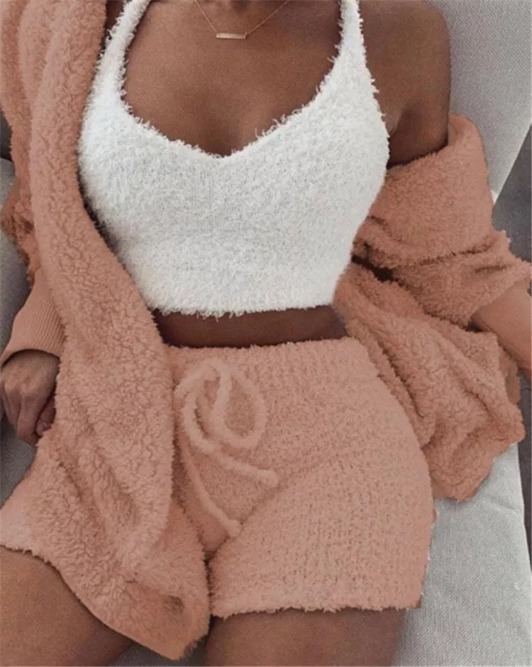 Ensemble pyjama décontracté et sexy pour femme, tenue d'hiver, doux et chaud, manches longues, nombril exposé, gilet et short