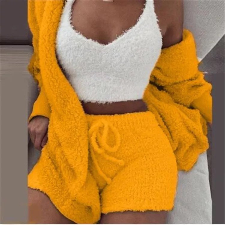 Ensemble pyjama décontracté et sexy pour femme, tenue d'hiver, doux et chaud, manches longues, nombril exposé, gilet et short