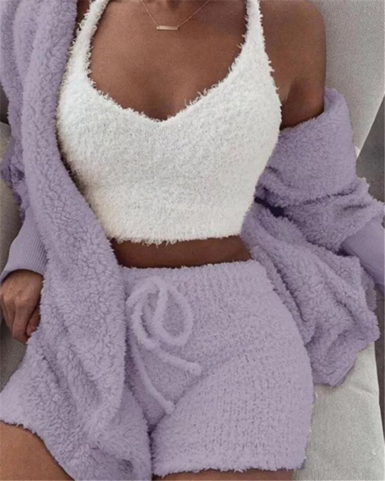 Ensemble pyjama décontracté et sexy pour femme, tenue d'hiver, doux et chaud, manches longues, nombril exposé, gilet et short
