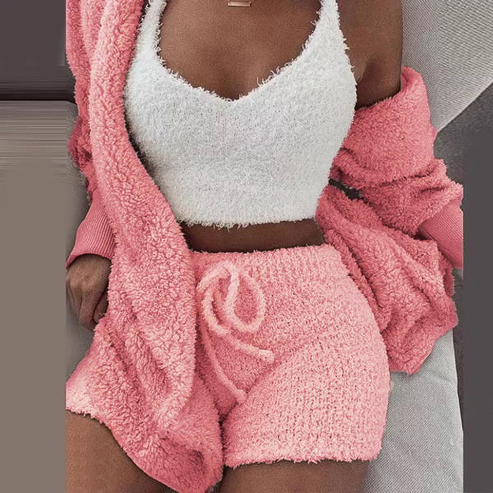 Ensemble pyjama décontracté et sexy pour femme, tenue d'hiver, doux et chaud, manches longues, nombril exposé, gilet et short