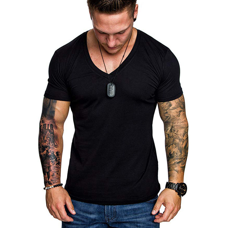 T-shirt col V décontracté pour homme, couleur unie, grande taille, style sport